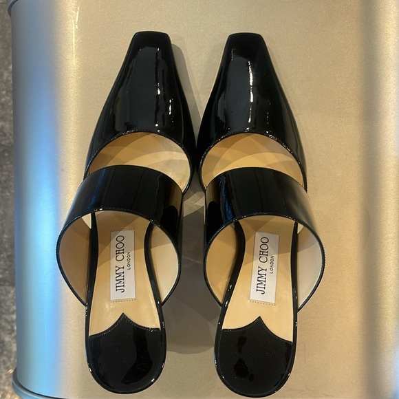 NIB JIMMY CHOO HAWKE 65 BLACK PATENT LEATHER MULES. 39.5/8 - Picture 7 of 9